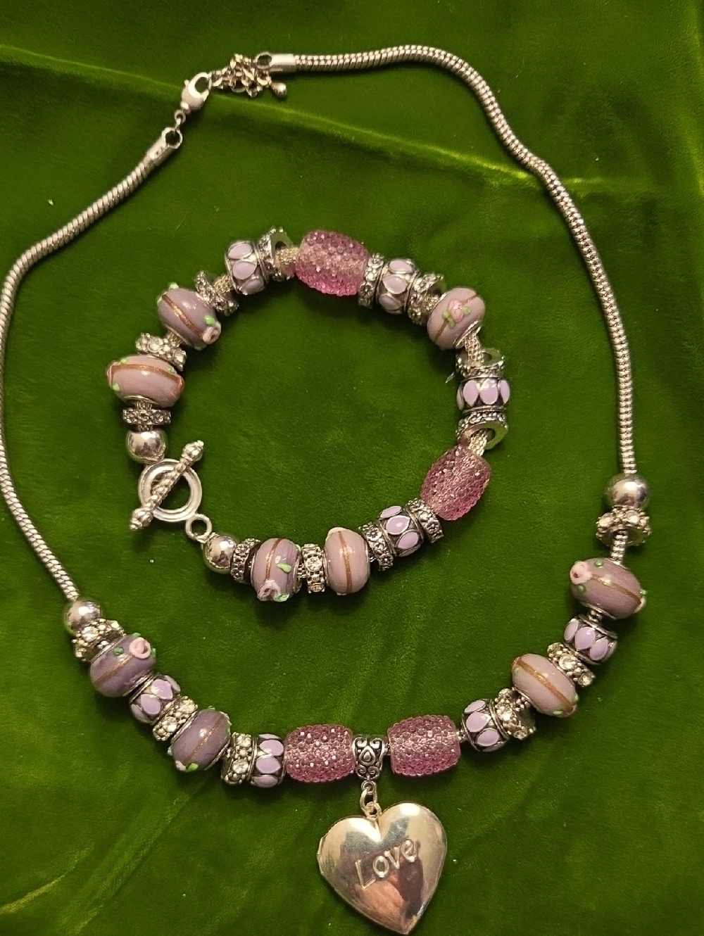 Lavender Bead Heart Pendant 18+2" Necklace and Bracelet Set